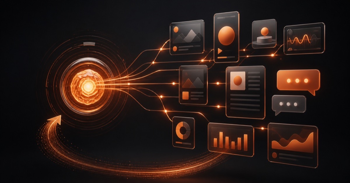 One expert insight branching into channel-native content assets and a measurement feedback loop